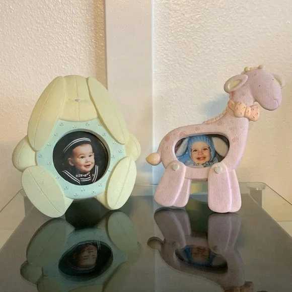 New! Vintage Pair Papel Ceramic Baby Child Photo Frames 3x3 & 2x3 Bunny Giraffe - Picture 2 of 16